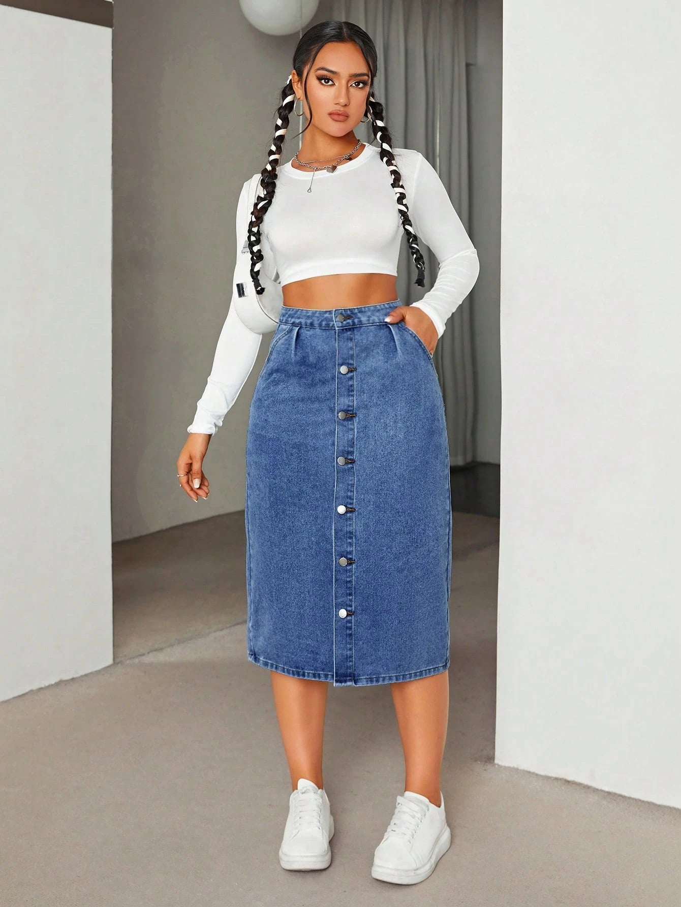 Fusta Dama, Denim, Talie Inalta Cu Nasturi