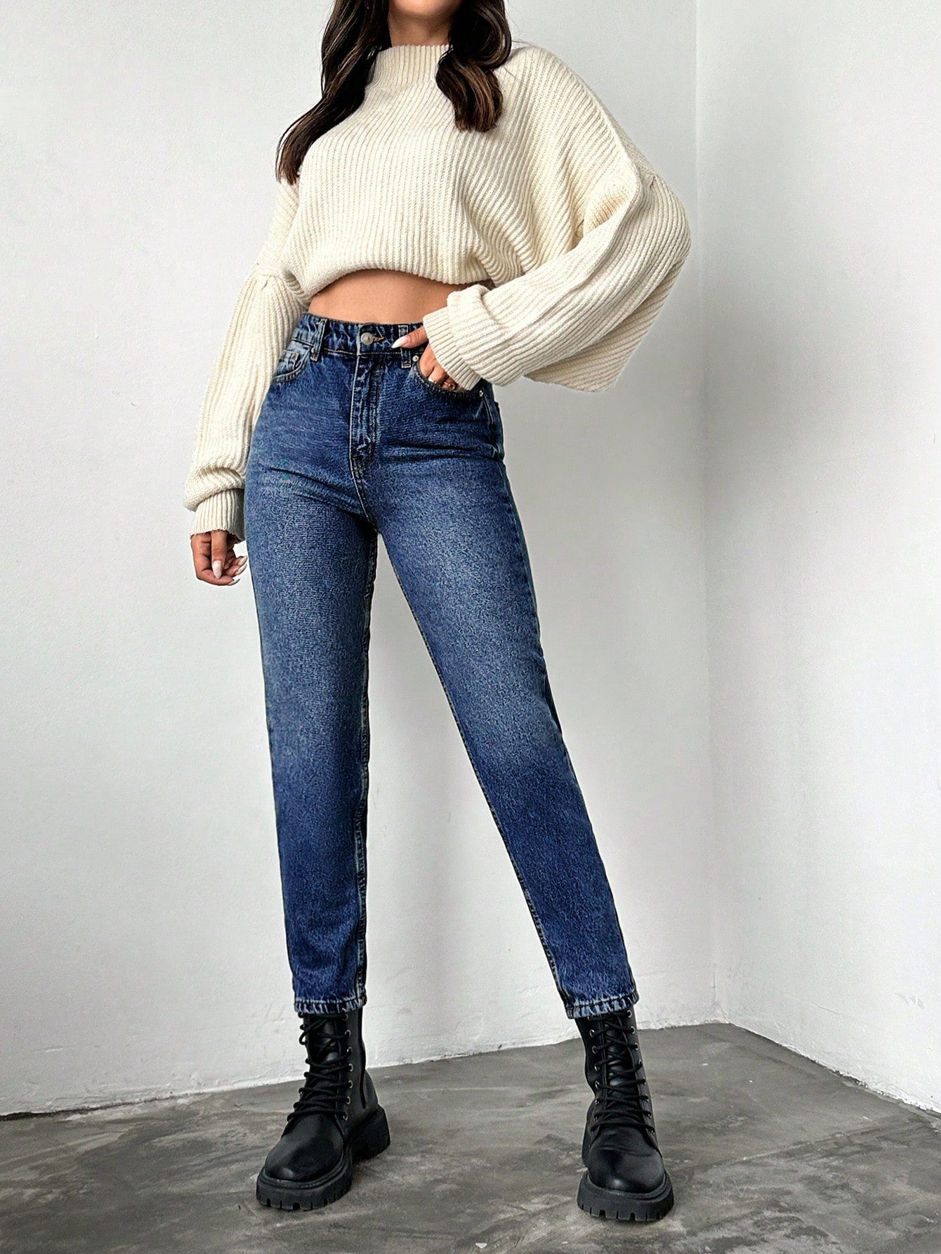 Blugi dama, Cropped, Talie Inalta, Croiala Slim-Fit