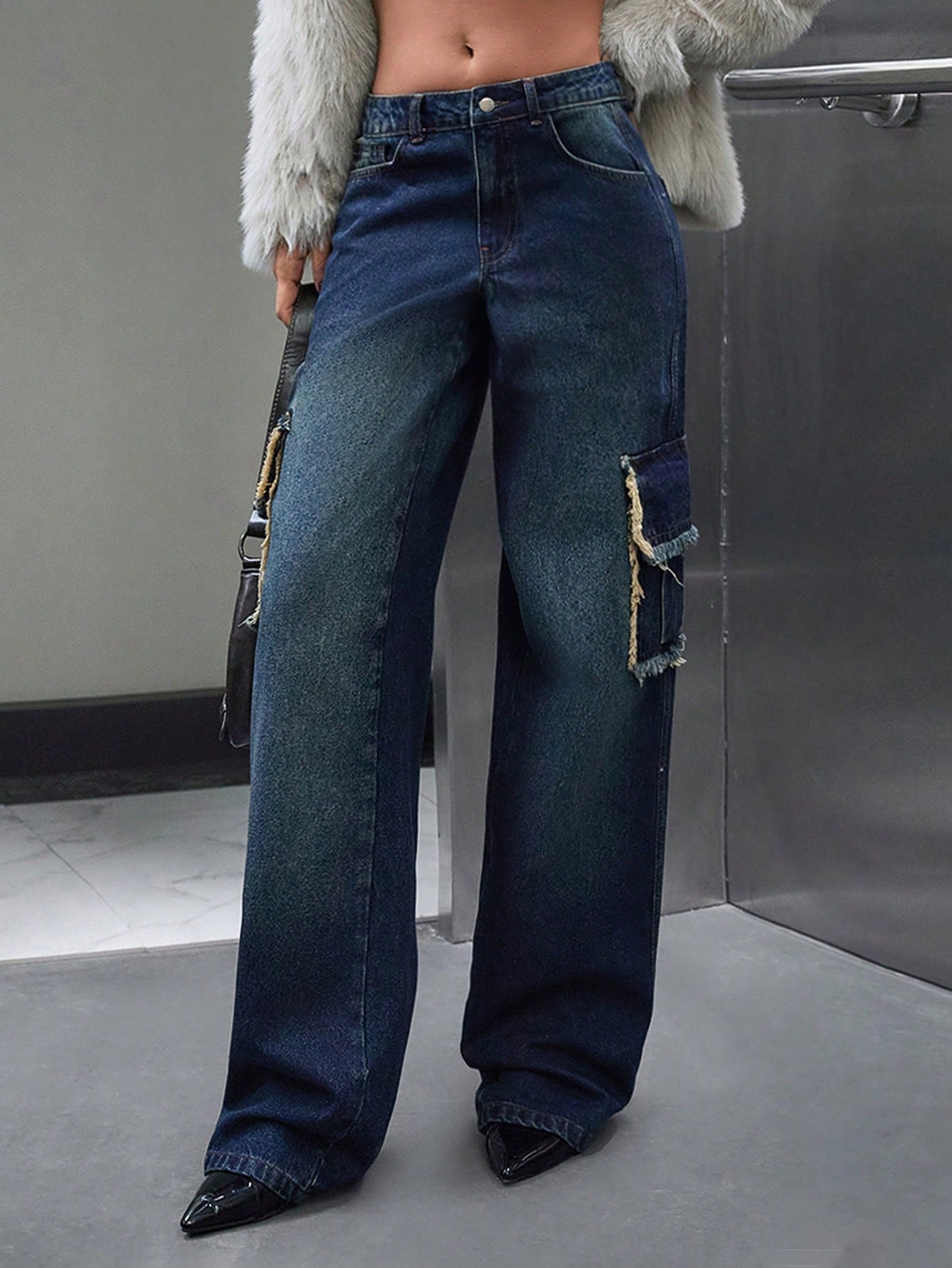 Blugi Cargo Dama, Croiala Relaxed Fit, Talie Inalta