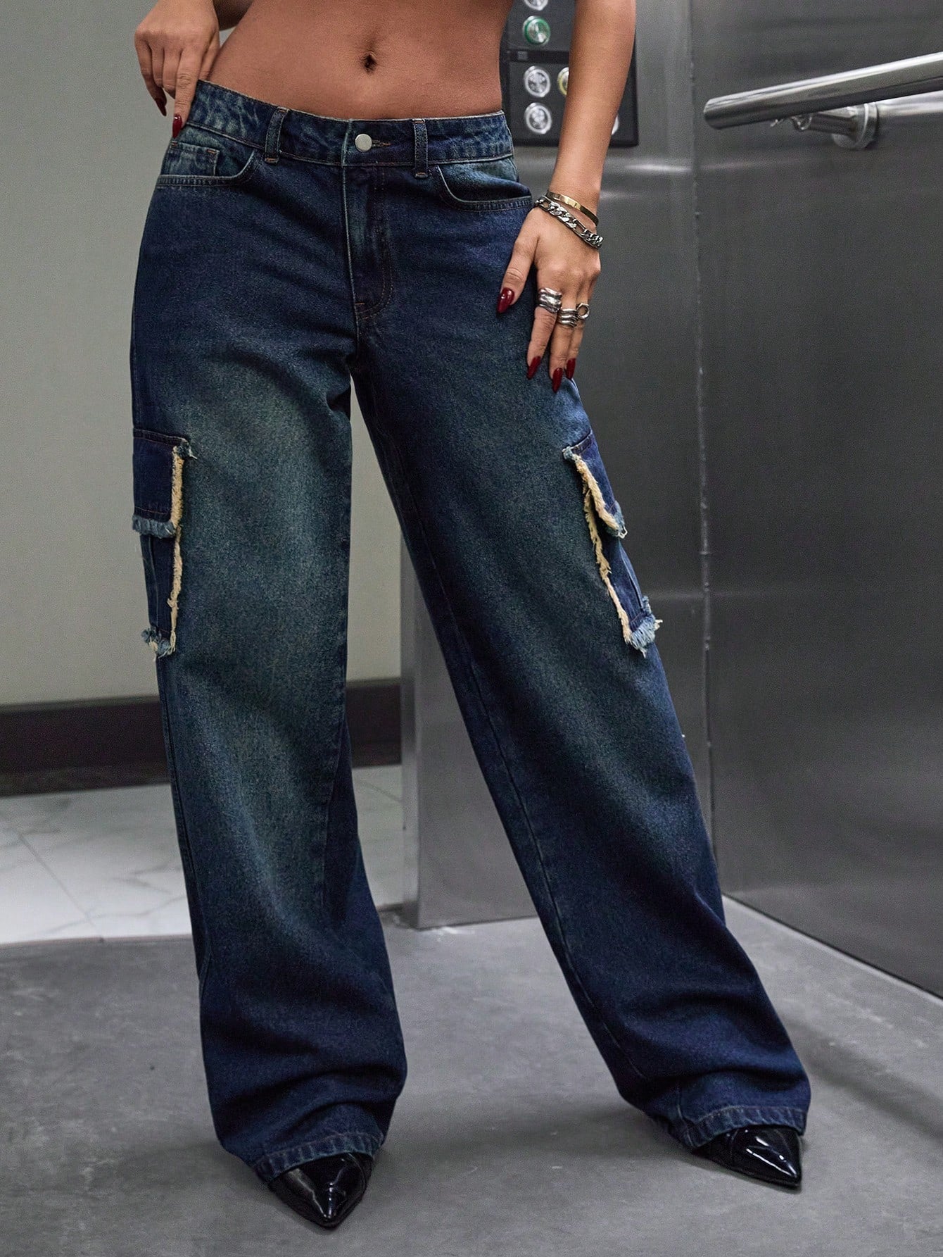 Blugi Cargo Dama, Croiala Relaxed Fit, Talie Inalta