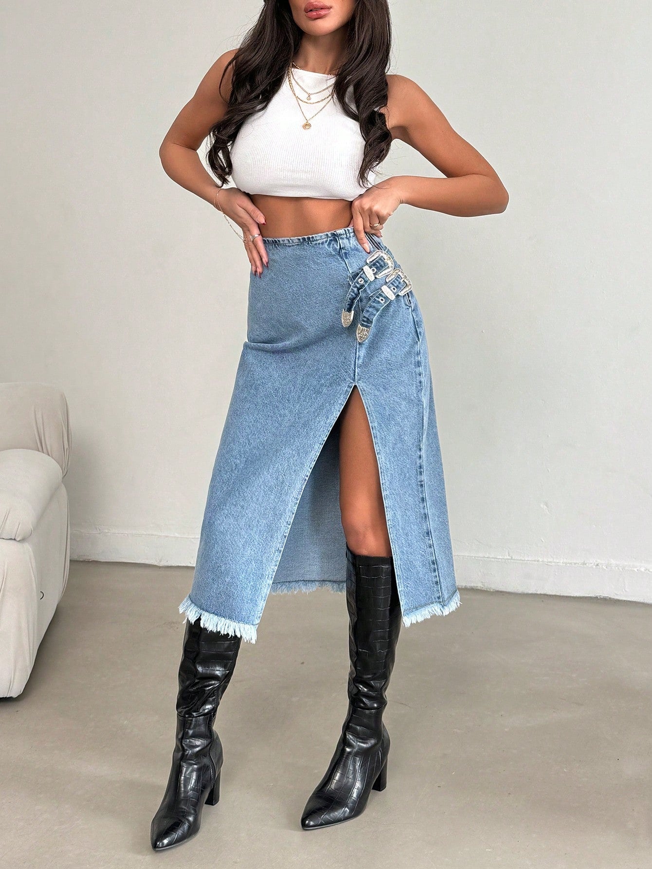 Fusta Dama,, Medie, Denim, Cu Tiv Nefinisat