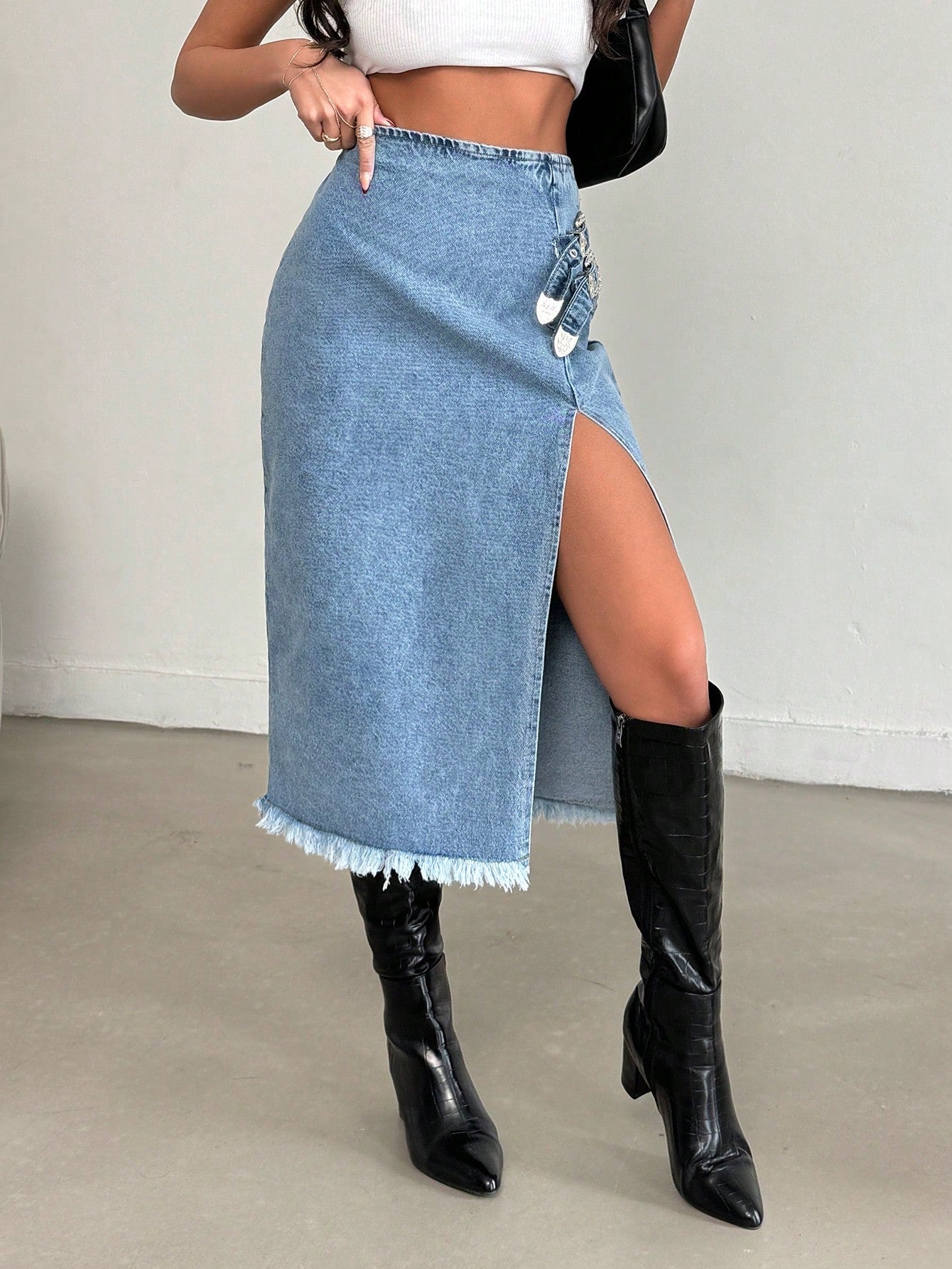 Fusta Dama,, Medie, Denim, Cu Tiv Nefinisat