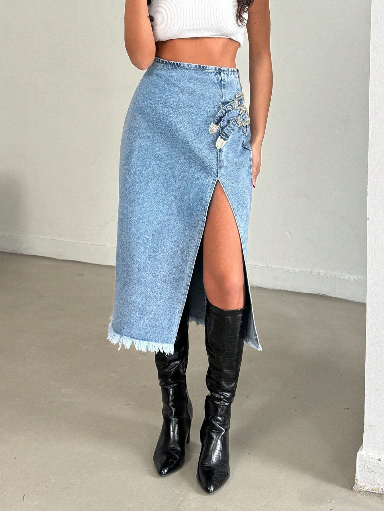 Fusta Dama,, Medie, Denim, Cu Tiv Nefinisat