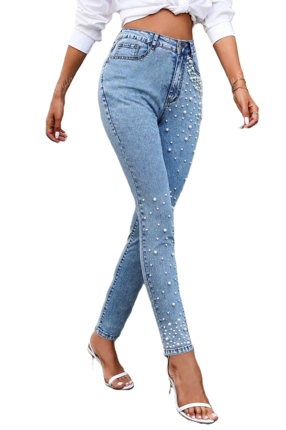 Blugi Dama, Talie Inalta, Croiala Slim-Fit, Decorati Discret Cu Perle