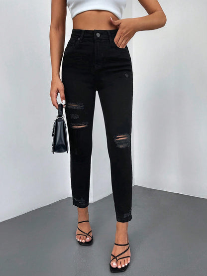Blugi Dama, Croiala Inalta, Slim-Fit, Cu Rupturi