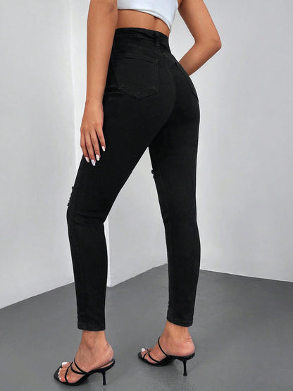 Blugi Dama, Croiala Inalta, Slim-Fit, Cu Rupturi