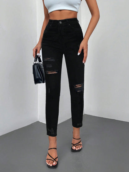 Blugi Dama, Croiala Inalta, Slim-Fit, Cu Rupturi