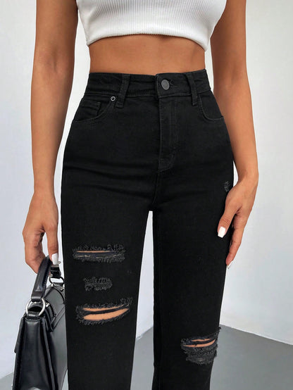 Blugi Dama, Croiala Inalta, Slim-Fit, Cu Rupturi