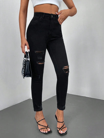 Blugi Dama, Croiala Inalta, Slim-Fit, Cu Rupturi