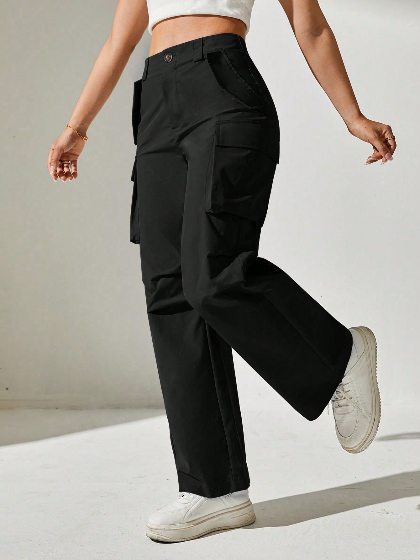 Pantaloni Cargo, Cu talie Inalta & Snur In Talie
