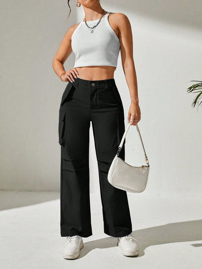 Pantaloni Cargo, Cu talie Inalta & Snur In Talie