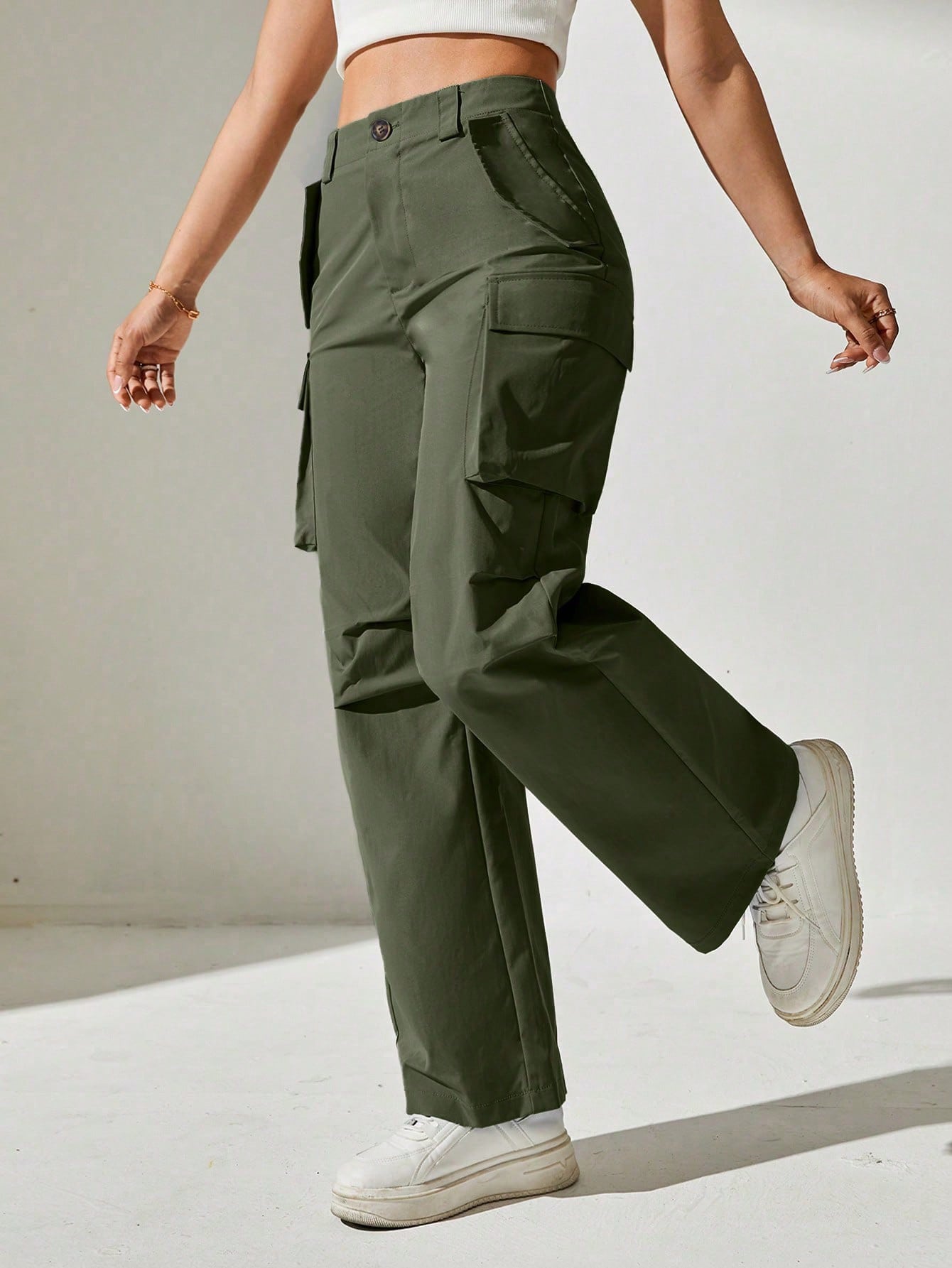 Pantaloni Cargo, Cu talie Inalta & Snur In Talie
