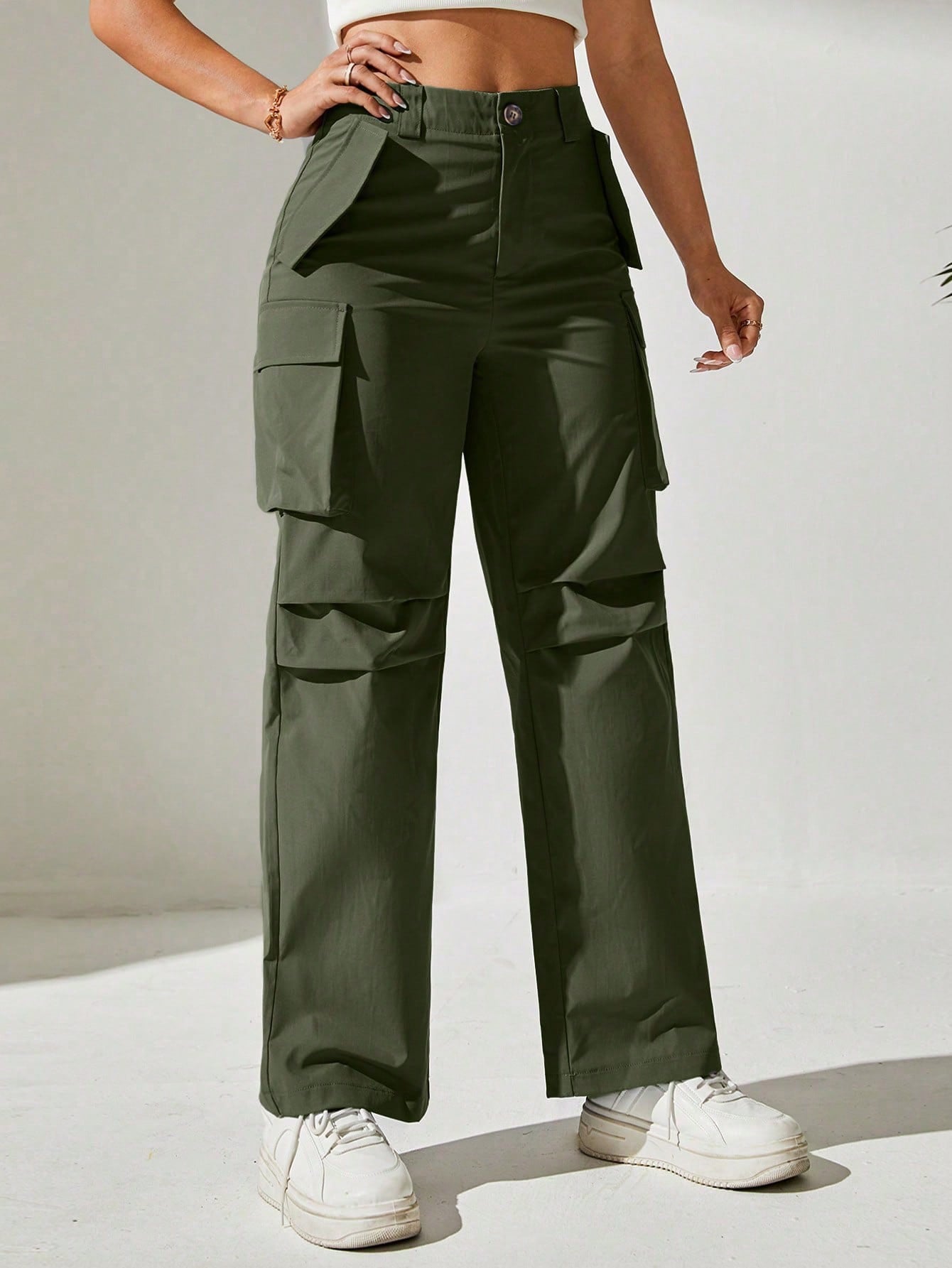 Pantaloni Cargo, Cu talie Inalta & Snur In Talie