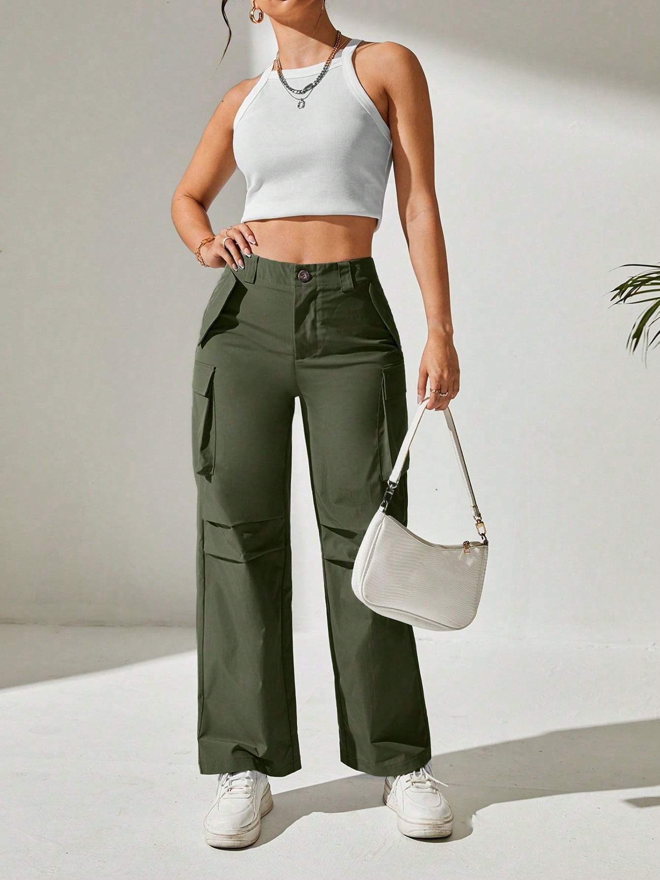 Pantaloni Cargo, Cu talie Inalta & Snur In Talie