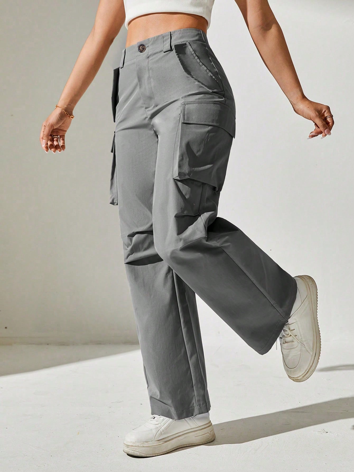 Pantaloni Cargo, Cu talie Inalta & Snur In Talie