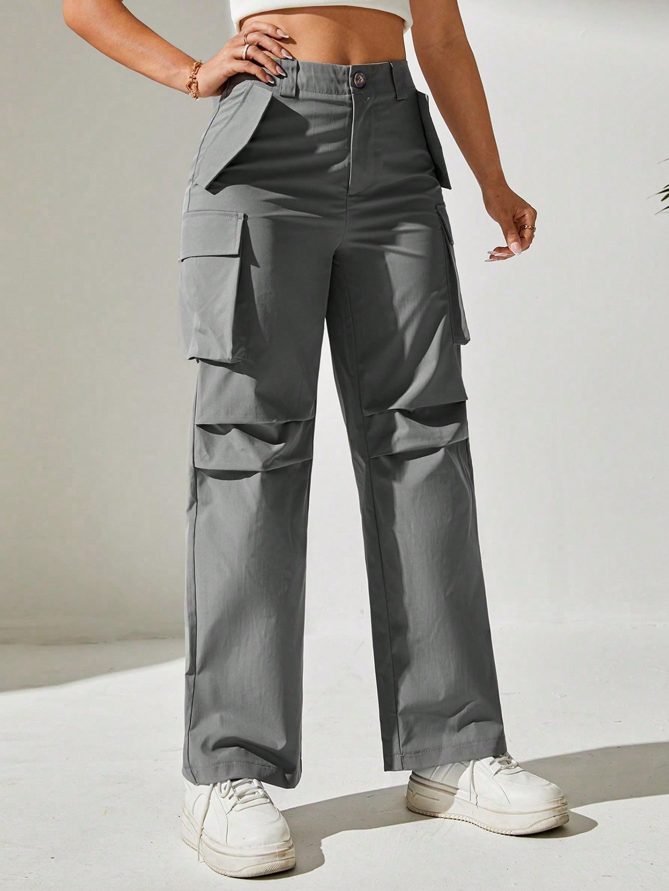 Pantaloni Cargo, Cu talie Inalta & Snur In Talie