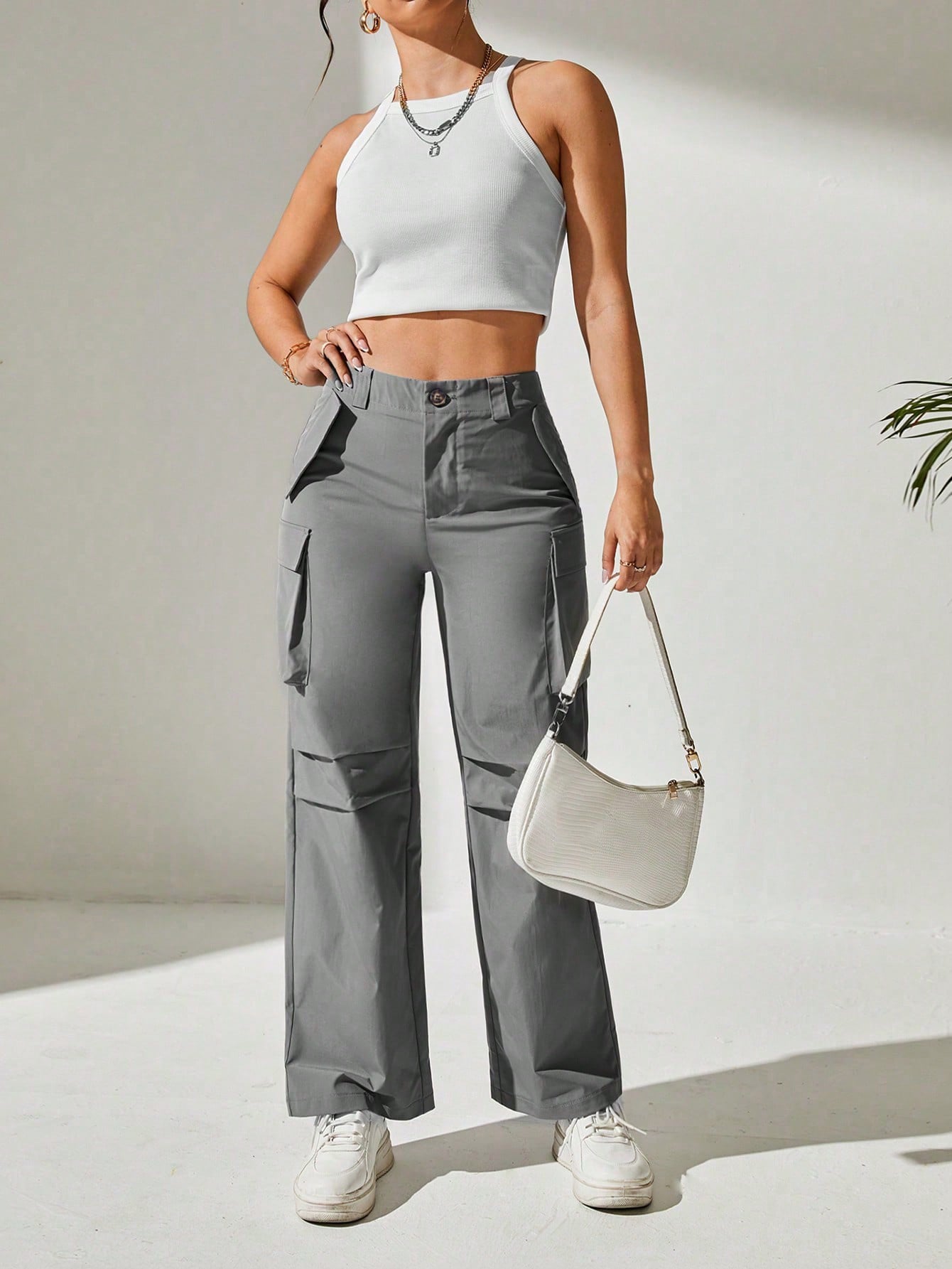 Pantaloni Cargo, Cu talie Inalta & Snur In Talie