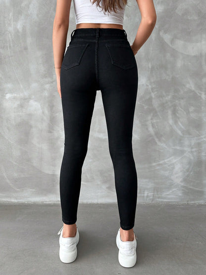 Blugi Dama, Croiala Inalta, Slim-Fit, Cu Rupturi