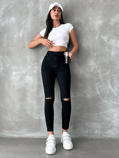 Blugi Dama, Croiala Inalta, Slim-Fit, Cu Rupturi