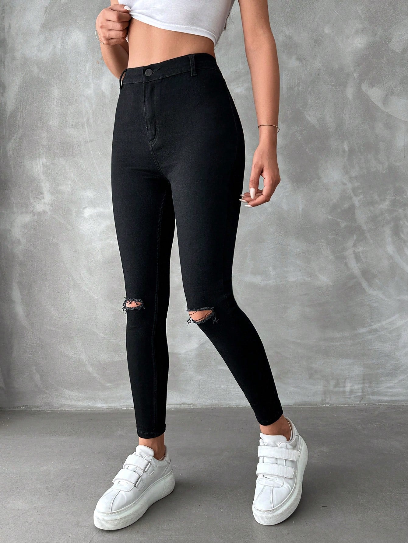Blugi Dama, Croiala Inalta, Slim-Fit, Cu Rupturi