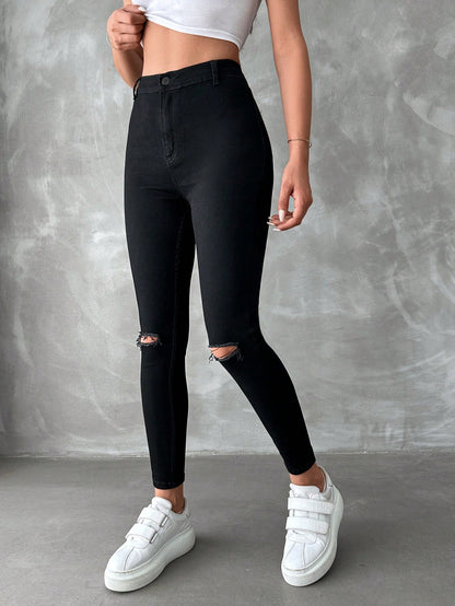 Blugi Dama, Croiala Inalta, Slim-Fit, Cu Rupturi