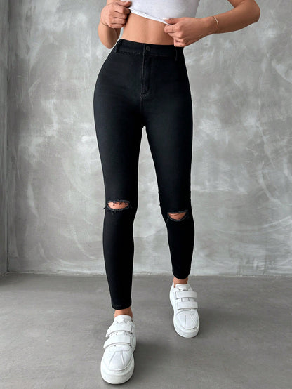 Blugi Dama, Croiala Inalta, Slim-Fit, Cu Rupturi