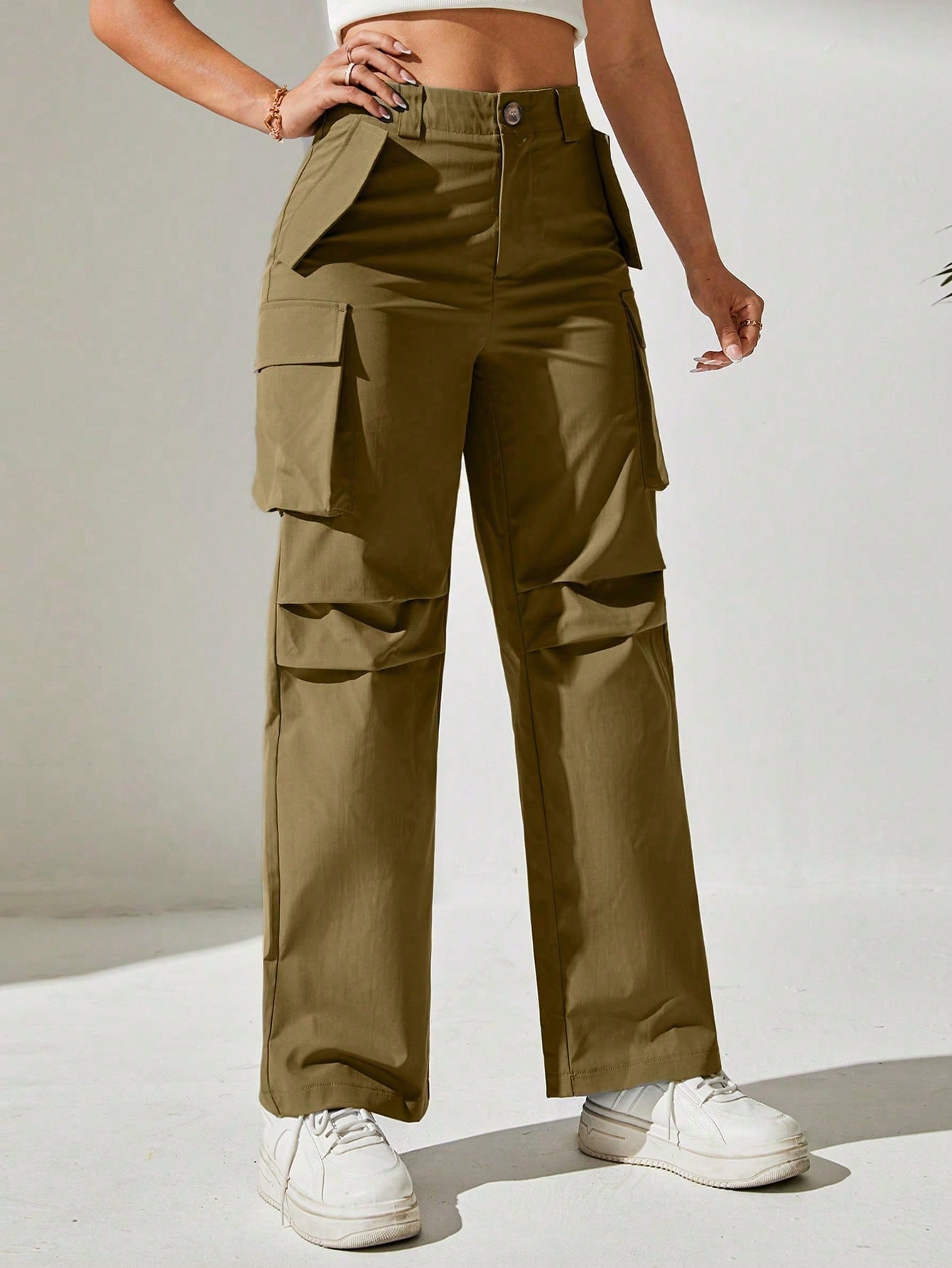 Pantaloni Cargo, Cu talie Inalta & Snur In Talie