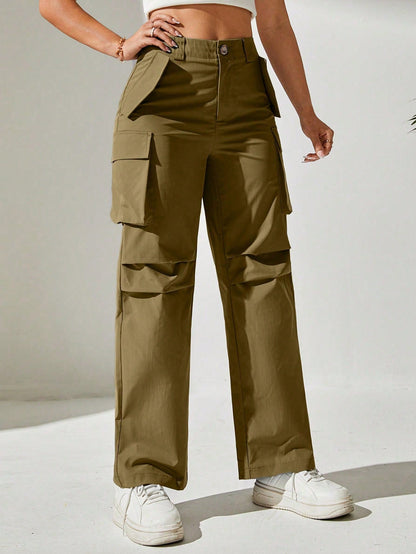 Pantaloni Cargo, Cu talie Inalta & Snur In Talie