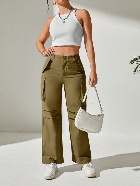 Pantaloni Cargo, Cu talie Inalta & Snur In Talie