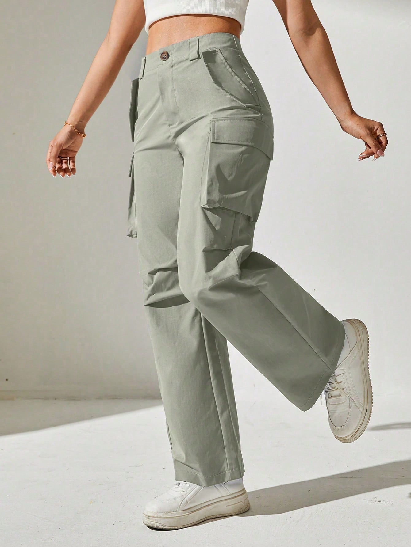 Pantaloni Cargo, Cu talie Inalta & Snur In Talie