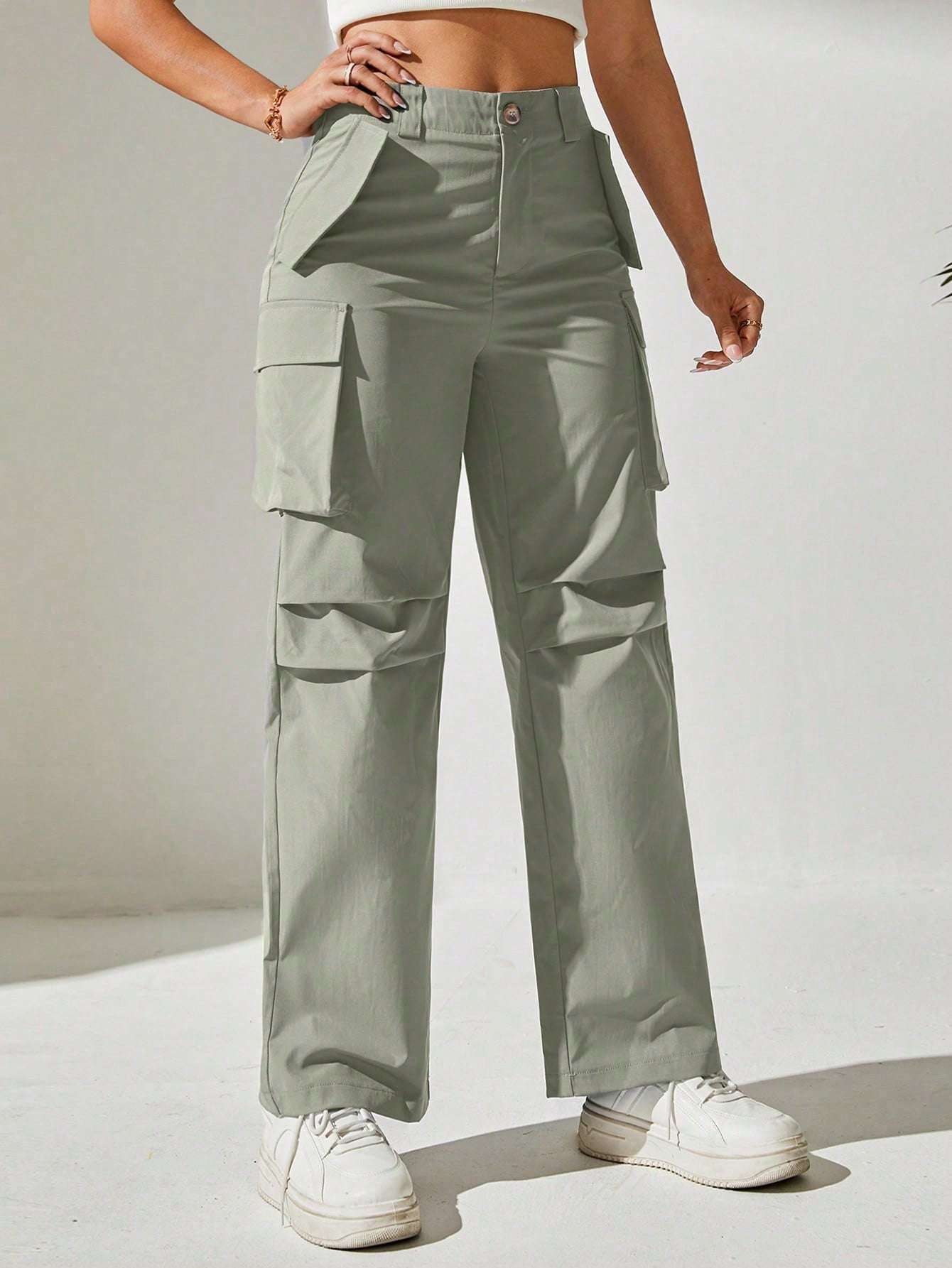 Pantaloni Cargo, Cu talie Inalta & Snur In Talie