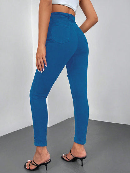 Blugi Dama, Croiala Inalta, Slim-Fit, Cu Rupturi
