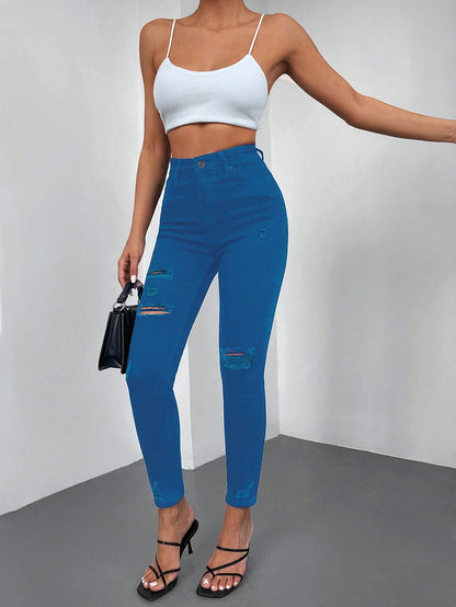 Blugi Dama, Croiala Inalta, Slim-Fit, Cu Rupturi