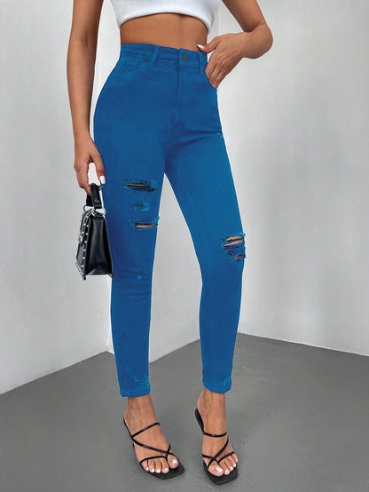 Blugi Dama, Croiala Inalta, Slim-Fit, Cu Rupturi