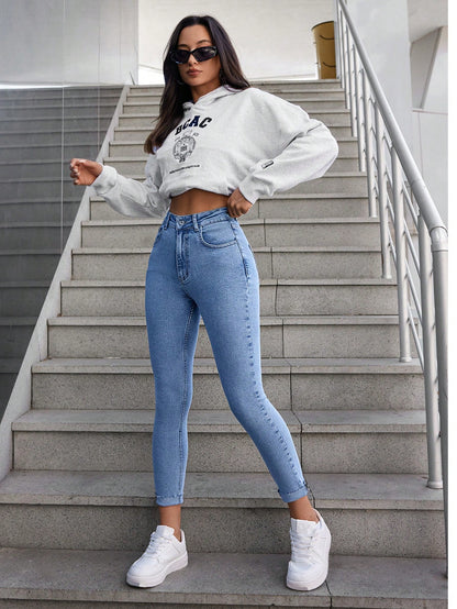 Blugi Dama, Croiala Inalta, Slim-Fit, Tiv Nefinisa