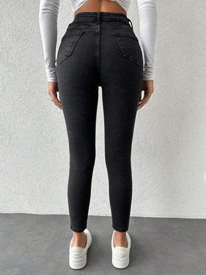 Blugi Dama, Croiala Inalta, Slim-Fit, Cu Rupturi