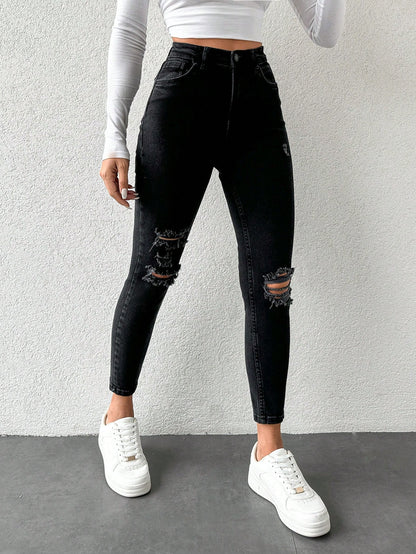 Blugi Dama, Croiala Inalta, Slim-Fit, Cu Rupturi