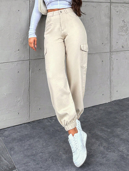 Pantaloni Cargo Dama, Croiala Slim Fit, Talie Inalta