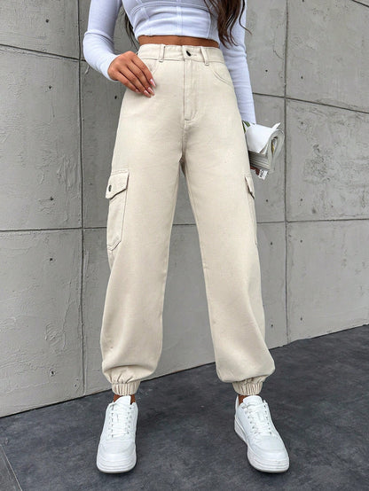 Pantaloni Cargo Dama, Croiala Slim Fit, Talie Inalta