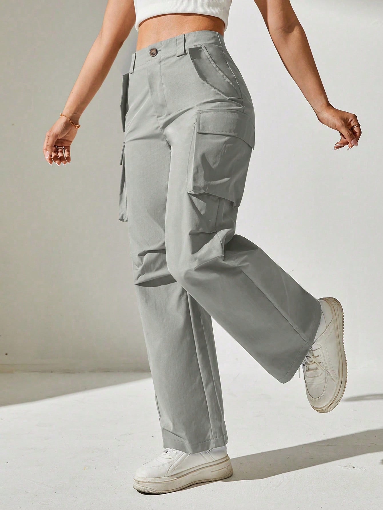 Pantaloni Cargo, Cu talie Inalta & Snur In Talie