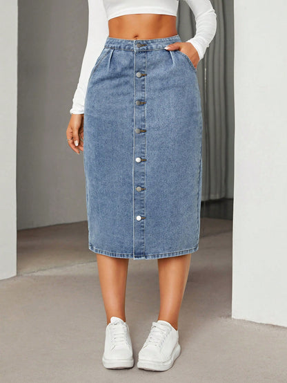Fusta Dama, Denim, Talie Inalta Cu Nasturi