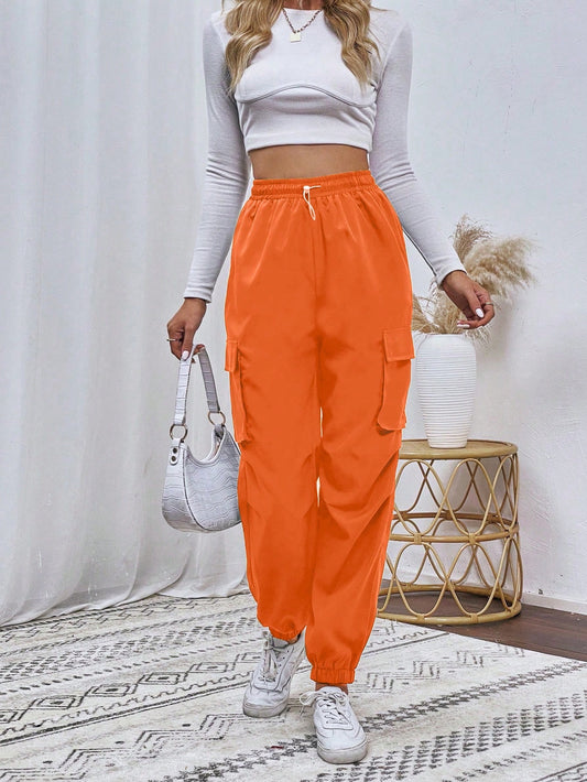 Pantaloni Cargo, Cu talie Inalta & Snur In Talie