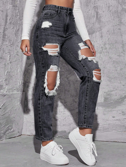 Blugi Dama, Croiala Mom Fit, Ripped & Distressed