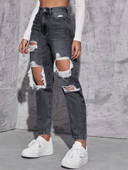 Blugi Dama, Croiala Mom Fit, Ripped & Distressed