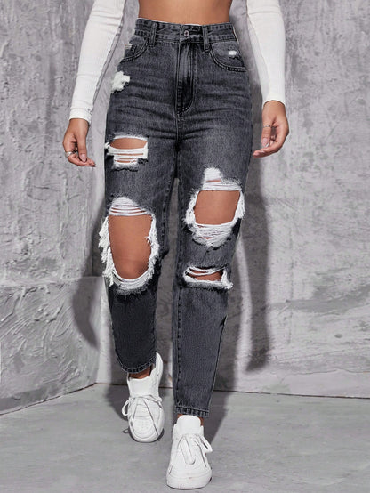 Blugi Dama, Croiala Mom Fit, Ripped & Distressed