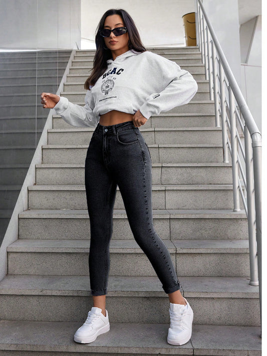Blugi Dama, Croiala Inalta, Slim-Fit, Tiv Nefinisa