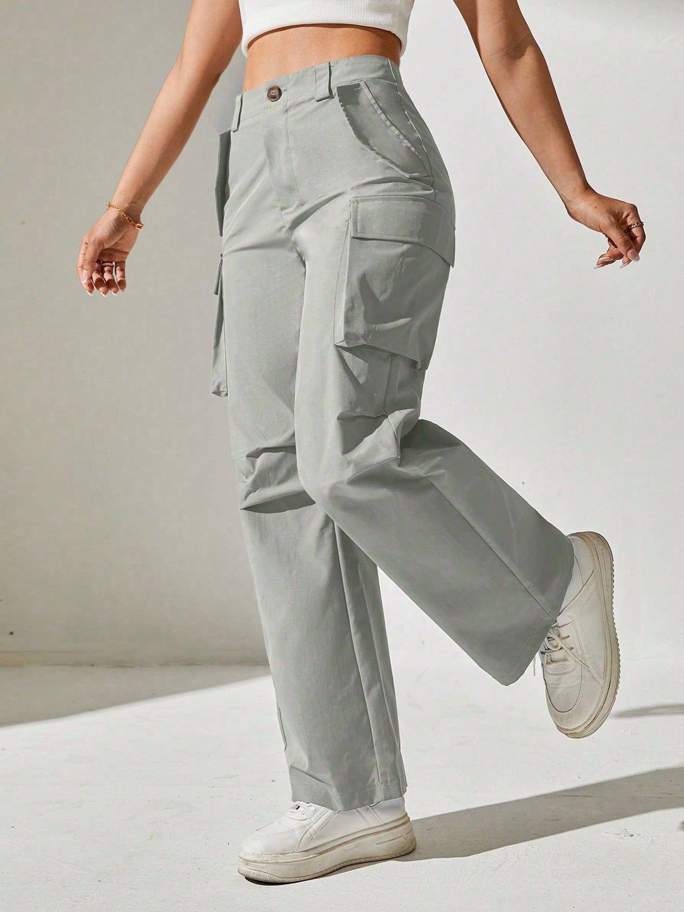Pantaloni Cargo, Cu talie Inalta & Snur In Talie