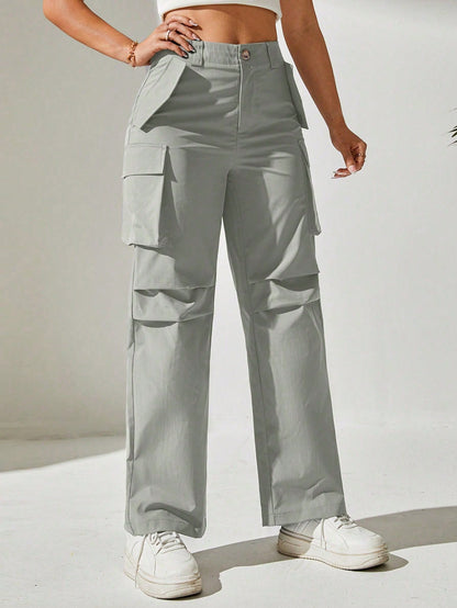 Pantaloni Cargo, Cu talie Inalta & Snur In Talie
