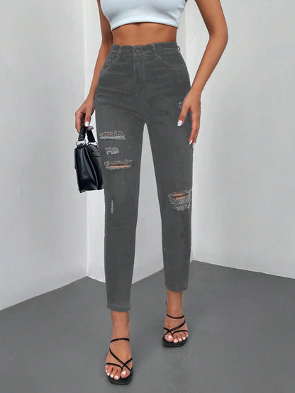 Blugi Dama, Croiala Inalta, Slim-Fit, Cu Rupturi
