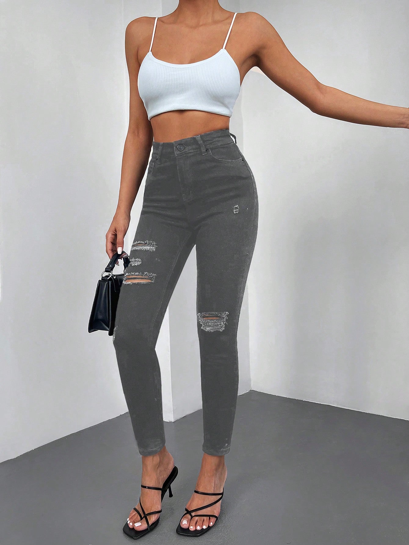 Blugi Dama, Croiala Inalta, Slim-Fit, Cu Rupturi